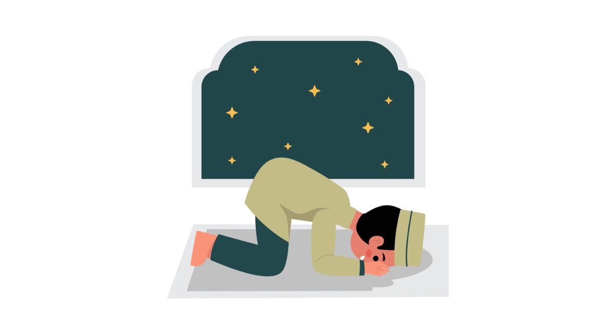 A picture represents a muslim doing prostration or sujud in salah