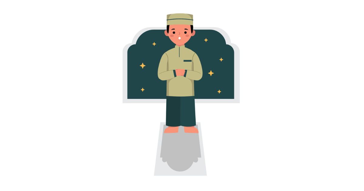 A graphic represents a Muslim male performing Takbiratul-Ihram during daily muslim payer