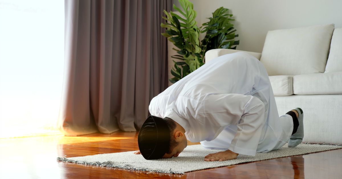 Muslim Man Praying and Prostrating at Home